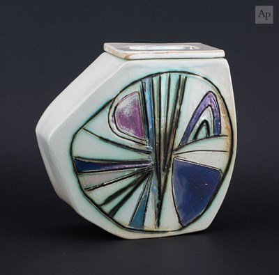 Lot 48 - BARBARA WATKINS; an angular stoneware vessel...
