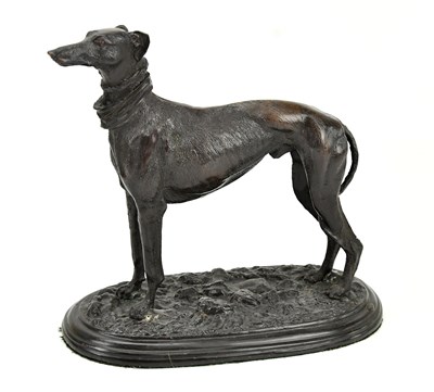 Lot 433 - A bronze figure of a greyhound, signed to base...