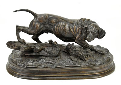 Lot 434 - A bronze figure of hunting dog and pheasant,...