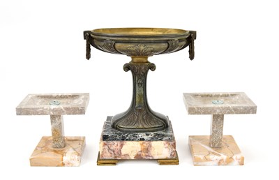 Lot 447 - An Art Deco bronzed garniture on marble base,...