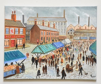 Lot 1560 - JOE TOWNEND; oil on canvas, market scene,...