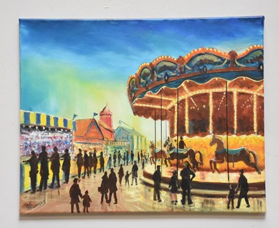 Lot 1561 - JOE TOWNEND; oil on canvas, carnival scene,...
