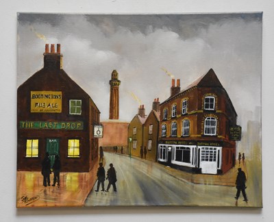 Lot 1562 - JOE TOWNEND; oil on canvas, street scene,...