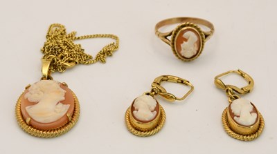 Lot 1345 - A group of cameo set jewellery comprising a...