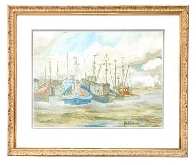 Lot 192 - JOHN DRONSFIELD; oil, moored boats, signed, 38...