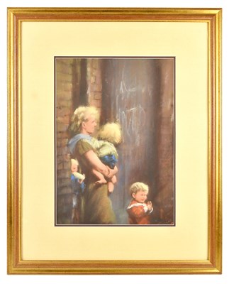 Lot 103 - MARC GRIMSHAW; pastel, mother and children,...