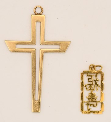 Lot 1481 - A 14ct yellow gold cross pendant, with pierced...