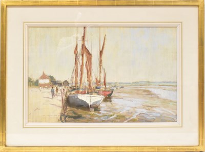 Lot 524 - JAMES LONGUEVILIE PS RBSA; pastel, 'Barges by...
