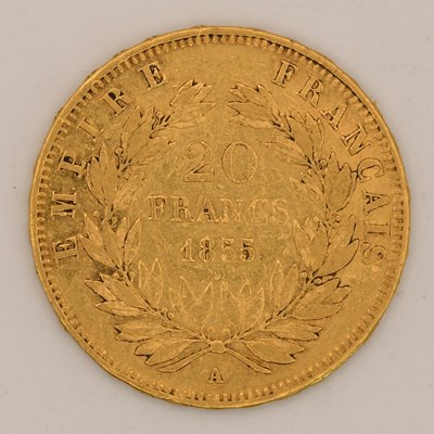 Lot 1654 - A Napoleon III gold 20 francs, 1855, approx 6.4g.