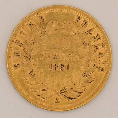 Lot 1655 - A Napoleon III gold 20 francs, 1860, approx 6.4g.