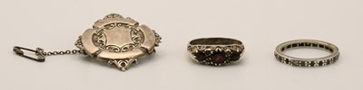 Lot 1445 - A hallmarked silver prize fob shield brooch, a...
