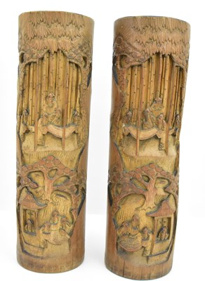 Lot 1043 - A pair of large Chinese carved bamboo brush...