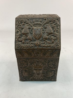 Lot 608 - A wooden storage box mounted in copper with...