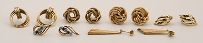 Lot 1499 - Six pairs of 9ct rose gold earrings including...