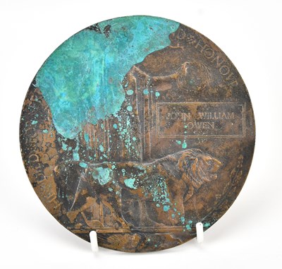 Lot 1040 - A World War I bronze memorial plaque, awarded...