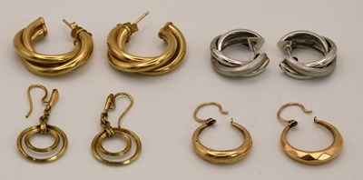 Lot 1500 - Four pairs of 9ct gold hoop earrings, various...