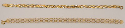 Lot 1554 - A 9ct semi-rigid tricolour gold bracelet, with...