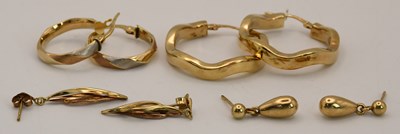 Lot 1501 - Four pairs of 9ct yellow gold earrings,...