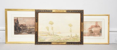 Lot 1706 - FRANK MOORE; watercolour, lakeside scene,...