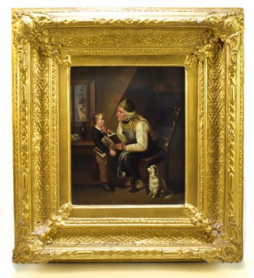 Lot 1405 - 19TH CENTURY CONTINENTAL SCHOOL; oil on panel, boy beside his father with dog