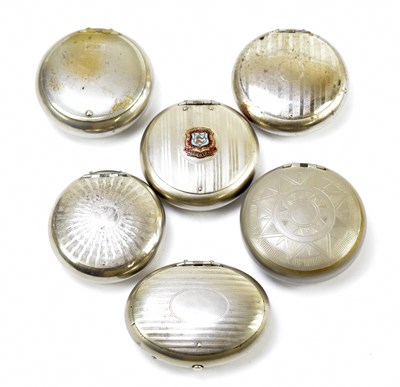 Lot 35 - Six chrome and pewter circular and oval squeeze snuff boxes