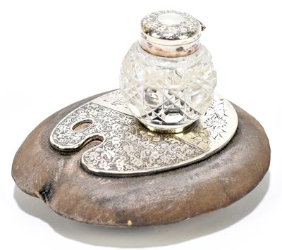 Lot 1129 - A late Victorian hallmarked silver mounted novelty inkwell and stand