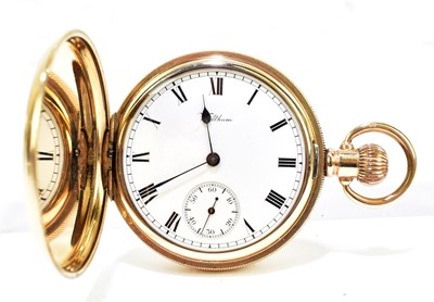 Lot 1295 - WALTHAM; a crown wind gold plated full hunter pocket watch