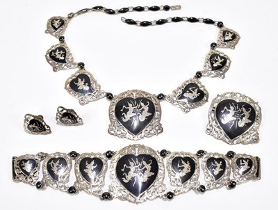 Lot 1269 - A suite of Thailand black enamel sterling silver jewellery