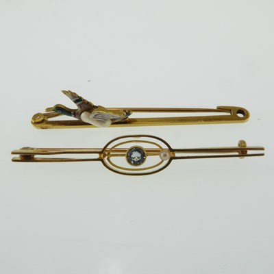 Lot 1195 - Two 15ct gold bar brooches, one with enamelled...