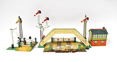 Lot 380 - HORNBY; O gauge signal box, signals, bridge...