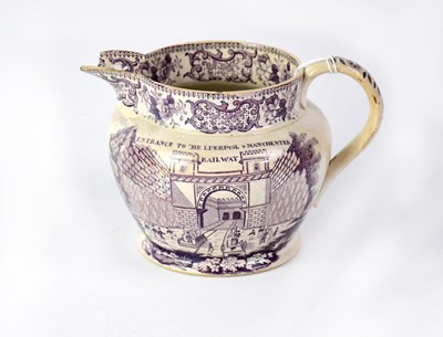 Lot 509 - LIVERPOOL POTTERY; a puce bat printed jug,...
