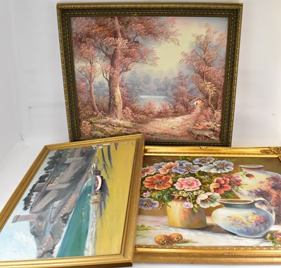 Lot 632 - Three modern decorative oils on canvas...