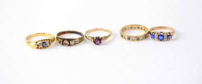 Lot 1015 - Five variously set gold rings comprising a 9ct...