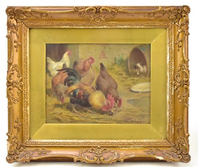 Lot 1399 - CLAUDE CARDON (1892-1915); oil on canvas, cockerel and hens on the farmyard
