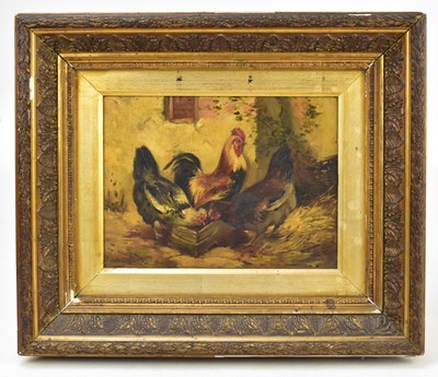 Lot 1404 - J DARLTON; oil on canvas, cockerels and hens in farmyard scene