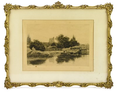 Lot 692 - DAVID LAW; etching, a rack of eel trap baskets...