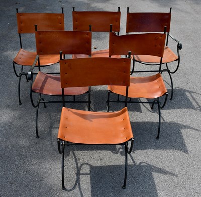 Lot 2606 - Six cast metal X-frame chairs with leather...