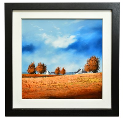 Lot 765 - DALE BOWEN; oil on board, houses in field,...