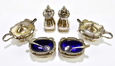 Lot 1306 - A George V hallmarked silver six piece cruet,...