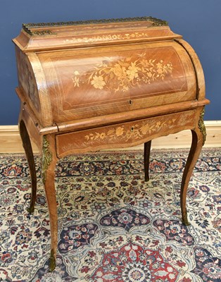 Lot 1536 - A French inlaid kingwood cylinder top writing...