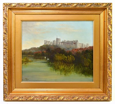 Lot 791 - I ALLAN; oil on canvas, castle next to a river,...