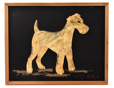 Lot 1142 - P R KAYE; a cow hide collage of a fox terrier,...