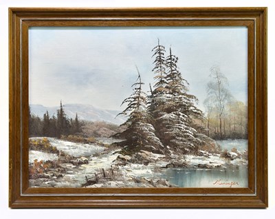 Lot 740 - LUDWIG MUNINGER; oil on canvas, trees in snowy...