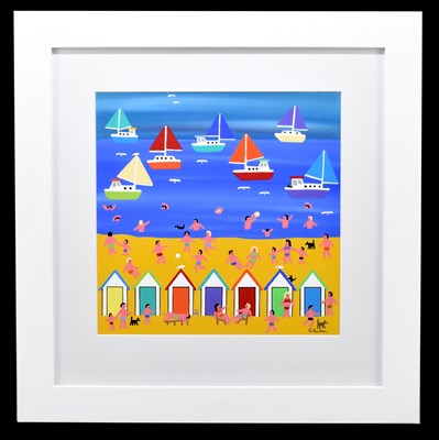 Lot 1346 - GORDON BARKER; acrylic on card, At the Beach Hut