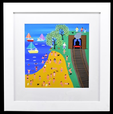 Lot 1348 - GORDON BARKER; acrylic on card, By Boat, By Rail