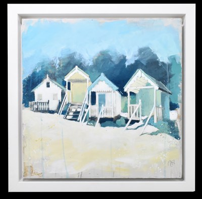 Lot 1350 - CAMILLA DOWSE; oil on board, Four Huts with Pine Trees
