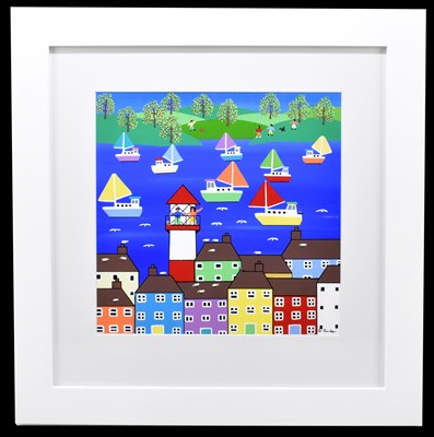 Lot 1344 - GORDON BARKER; oil on card, Lighthouse