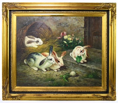 Lot 1355 - N FOXMAN; oil on canvas, study of four rabbits