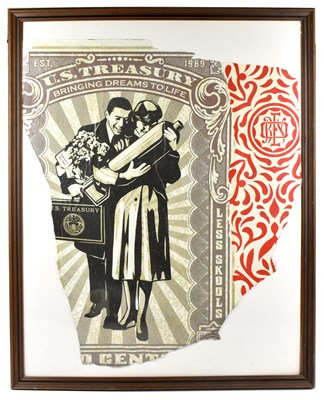 Lot 1374 - SHEPARD FAIREY (AMERICAN, born 1970); printed and rough cut paper on a white background, Proud Parents
