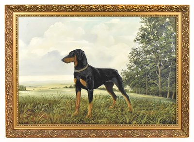 Lot 1410 - W. HOBSON; oil on board, a Doberman in a field